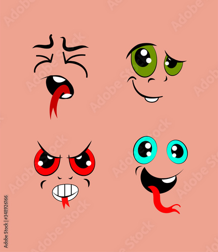A set of funny faces for a cartoon monster. Moody, angry, flirtatious, happy.  Blue, green, scarlet eyes, squeezed shut.

