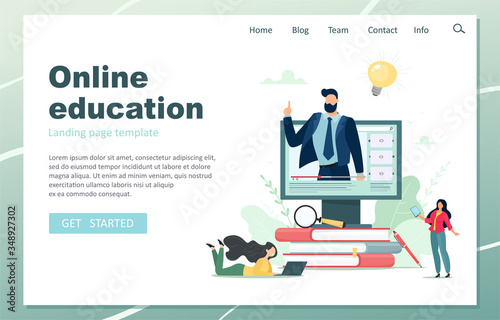  Online education landing page. Male teacher giving online lessons. Vector illustration in cartoon flat style.