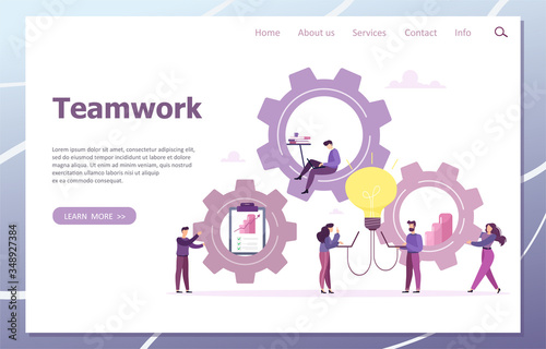 People work in a team and interact with schedules. Business, workflow management and office situations. Landing page template. Development of a new idea. Vector illustration.