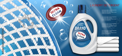 Laundry detergent gel advertising. Branded bleach, fabric softener, conditioner. Package design for Liquid Detergents ads with plastic bottle, fabric fiber enlarged image and clean towels.