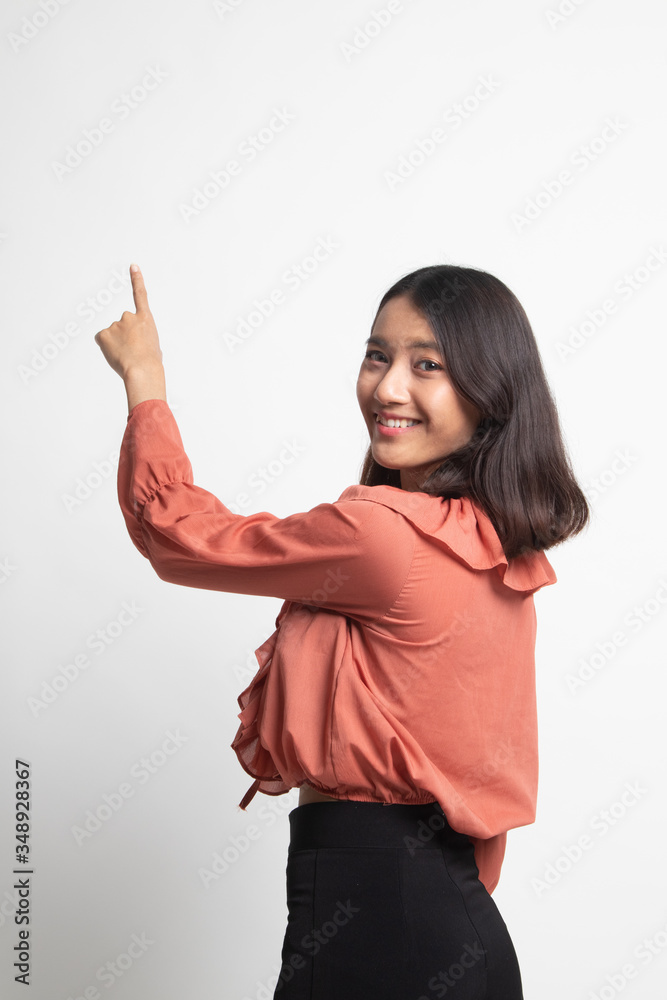 Back of Asian woman touching the screen with her finger . Back of Asian woman touching the screen with her finger .