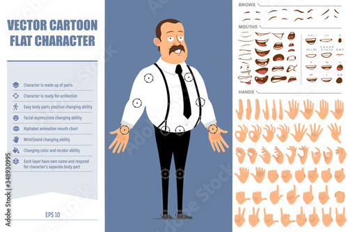 Cartoon flat funny fat office worker with mustache and black tie. Ready for animation. Face expressions, eyes, brows, mouth and hands easy to edit. Isolated on blue background. Big vector icon set.