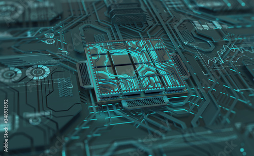 Artificial intelligence, digital mind, computer technology. Motherboard, processor, CPU, quantum computer 3D illustration. High tech and cyber technology in global digital space