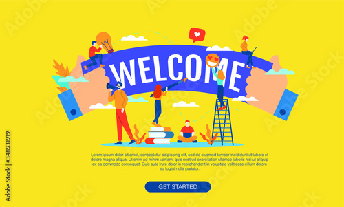 Welcome big word with small people vector illustration concept template background can be use for presentation web banner UI UX landing page