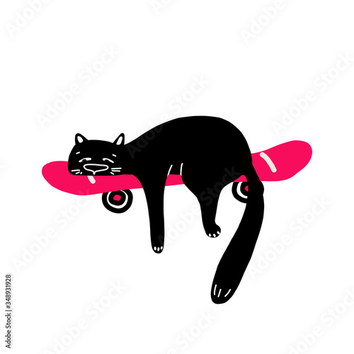 a black cat lies lazily on a pink skateboard. Vector illustration in a hand-drawn style.Suitable for stickers, stickers, t-shirt design. Isolated on a white background.Funny cat in a relaxing pose.