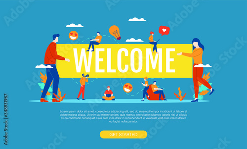 Welcome big word with small people vector illustration concept template background can be use for presentation web banner UI UX landing page