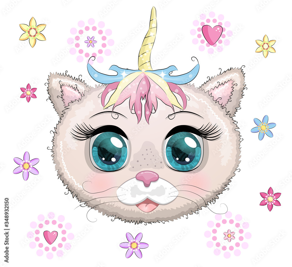 Cute Cartoon pink kitten face on a flovers background