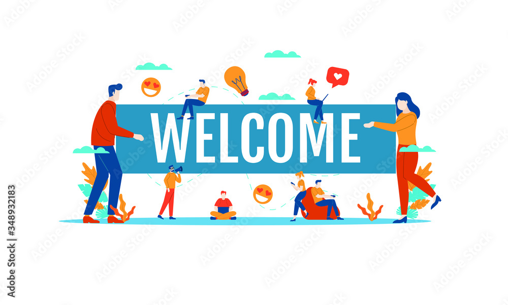 Welcome big word with small people vector illustration concept template white background isolated can be use for presentation web banner UI UX landing page