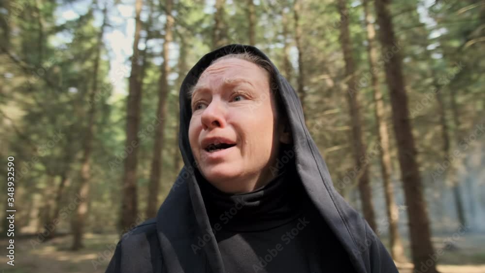 Portrait of woman lost in coniferous forest. Portrait of woman lost in coniferous forest.