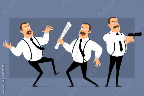 Cartoon flat funny cute fat office worker with mustache and black tie. Ready for animation. Crazy man shooting with pistol and running with newspaper. Isolated on blue background. Vector icon set.