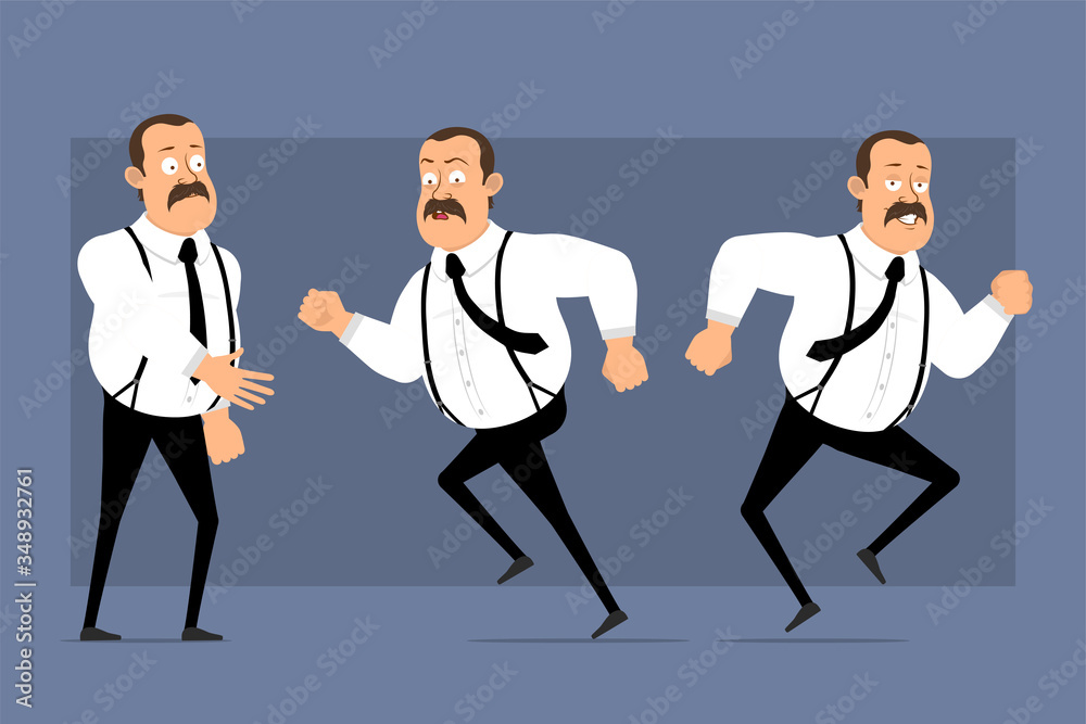Obraz premium Cartoon flat funny cute fat office worker with mustache and black tie. Ready for animation. Man running and shaking hands. Isolated on blue background. Vector icon set.