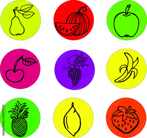 Big set of bright icons of fruits and berries.