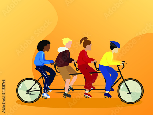 World bike day concept concept vector template. Design for banner, postcard or print. One world for all. Equality of races is black, Mongoloid, Australoid and Caucasoid. Quad bike