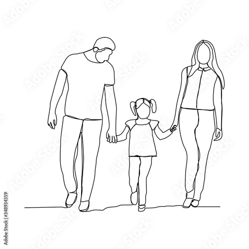 Continuous line drawing of happy family dad, mom, and child. Single line art concept of small family. Vector illustration