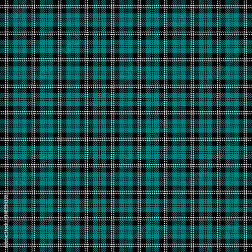 Tartan plaid. Scottish pattern in black, teal and white cage. Scottish cage. Traditional Scottish checkered background. Seamless fabric texture. Vector illustration