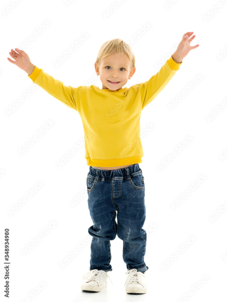 The little boy is emotionally waving his arms. The little boy is emotionally waving his arms.