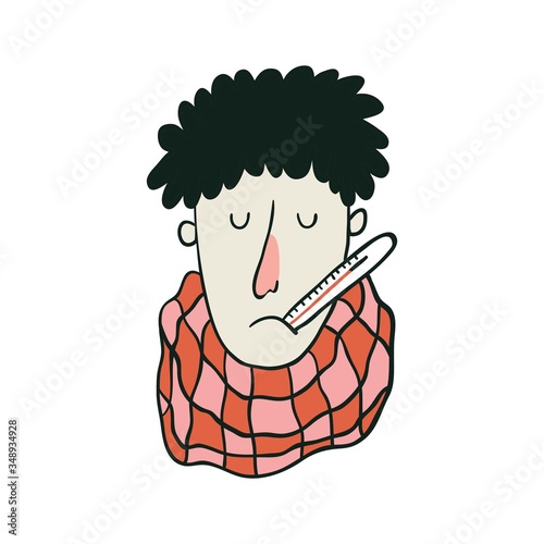 Hand drawn young man portrait isolated on white background. Sad human with thermometer in his mouth. Illness concept. Flu sick male. Cartoon style. Stock vector illustration.