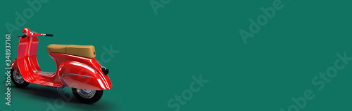 Red old school scooter in the left corner with copy space for individual text and a color wall background. 3D rendering 