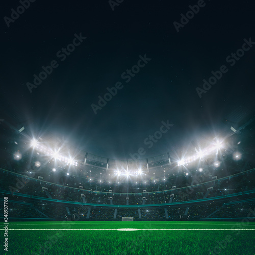Magnificent football stadium full of spectators expecting an evening match on the grass field, front spectacular view. Sport category 3D illustration.