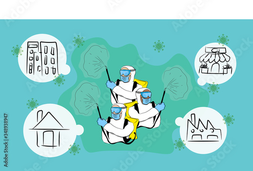 Illustration vector : covid 19 pandemic frontliner wearing PPE for sanitizing, bleach spray or disinfecting Virus .