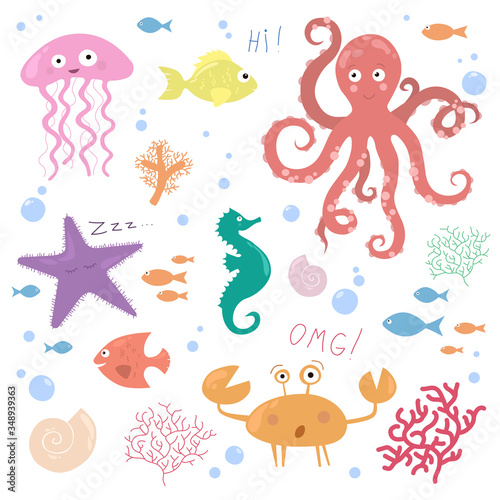 Children illustration of underwater life (jellyfish, octopus, seahorse, starfish, crab, shell, fish, corals) © Julia