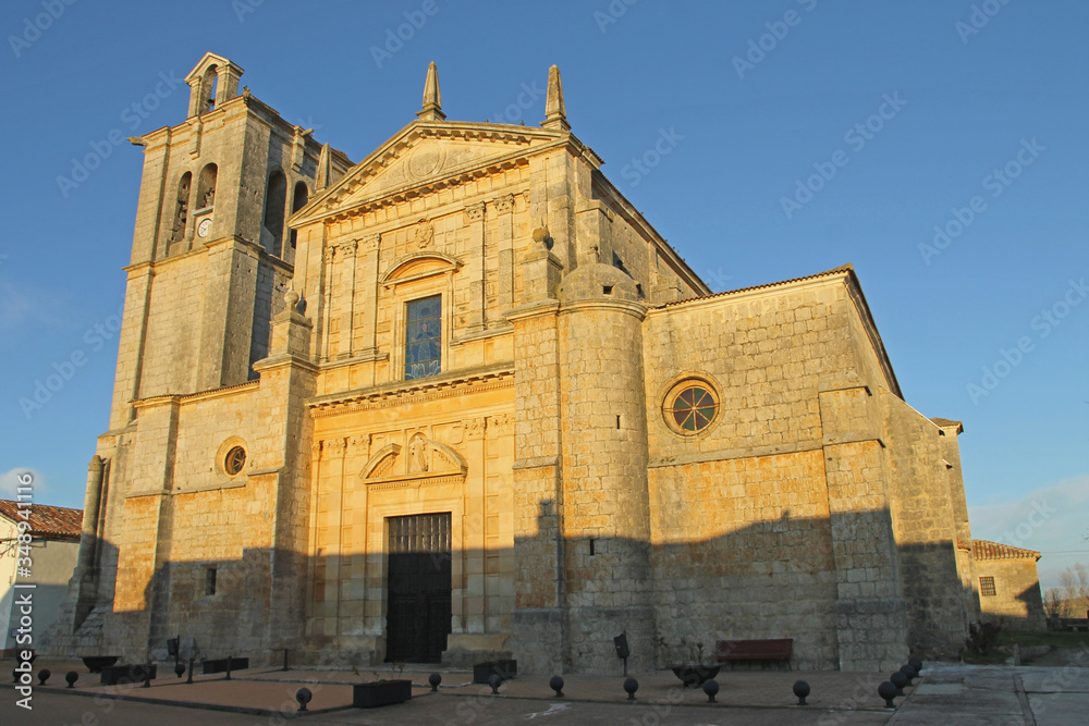 Fototapeta premium Main facade of the church of Lantadilla, built in the second half of the 16th century, under the sunlight of winter. Palencia province, Castile and Leon, Spain.