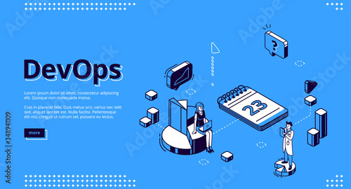 DevOps banner. Concept of development operations, communication of programmers and engineers. Vector landing page of project integration with isometric working people, chart and calendar