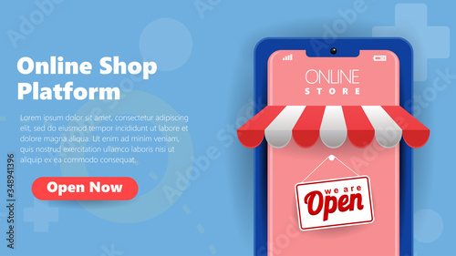 online mobile shop platform ecommerce businness. open your mobile on line shop application playfull vector illustration concept