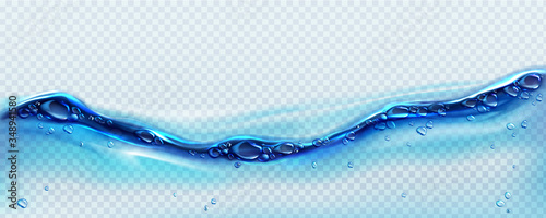 Fresh clean water wave with bubbles and drops. Vector illustration with realistic clear blue aqua surface on transparent background. Flow of pure liquid drink