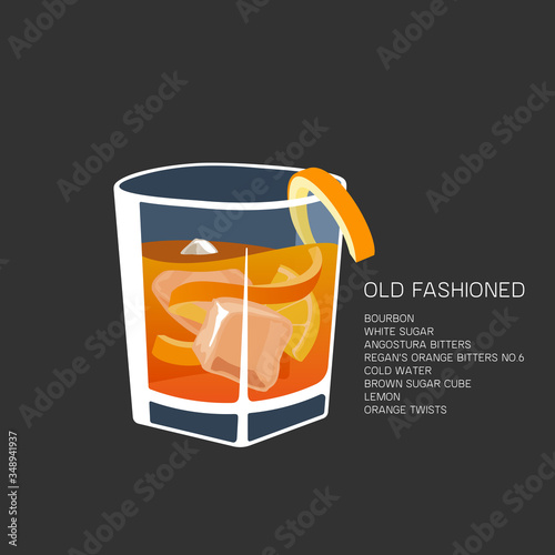 Vector illustration alcohol cocktail Old Fashioned glass bourbon