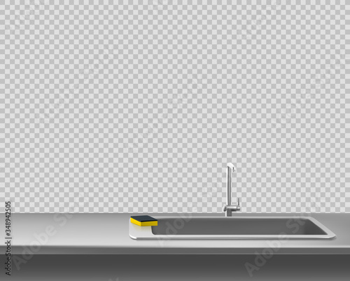 Kitchen metal sink with faucet and sponge on steel countertop, table surface front view isolated on transparent background. Interior frame with stainless silver colored desk Realistic 3d vector border