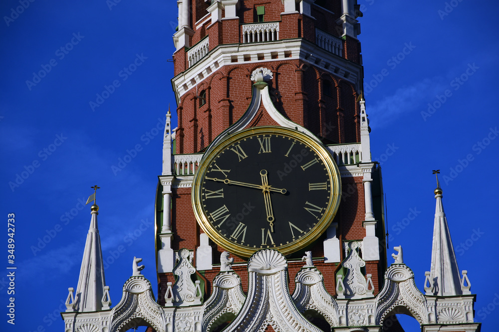 Architecture of Moscow Kremlin. Spasskaya clock tower. Popular landmark.
