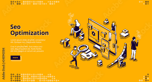 SEO optimization isometric landing page. Technology for internet marketing and digital business content. Tiny office people around of huge computer desktop, workflow 3d vector line art web banner