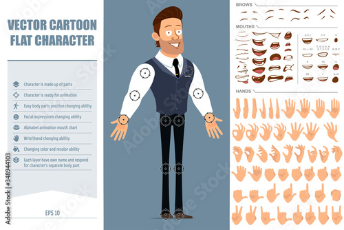 Cartoon funny strong muscular businessman character with black tie. Ready for animations. Face expressions, eyes, brows, mouth and hands easy to edit. Isolated on gray background. Big vector icon set.