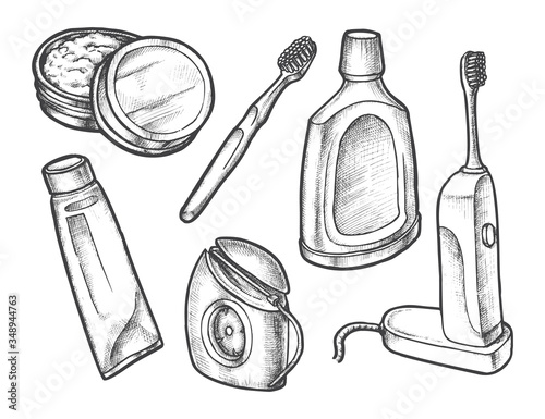 Set of isolated sketch of tooth care symbols