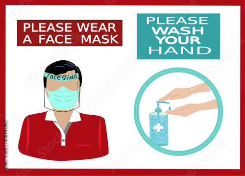 Notice sign PLEASE WEAR A FACE MASK  ,PLEASE WASH YOUR HAND please wear surgical ,medical or dust mask protective  coronavirus pandemic.COVID-19 crisis. isolate on white Background.