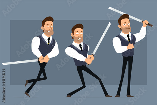 Cartoon flat funny cute strong muscular businessman character with black tie. Ready for animations. Angry boy fighting with katana sword. Isolated on gray background. Big vector icon set. © GB_Art