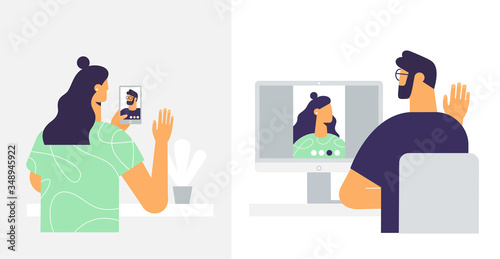 Young girl and guy communicate online using a mobile phone and a computer. People on the screen of devices. Remote communication concept: online meeting, dating, call and video. Vector in flat design