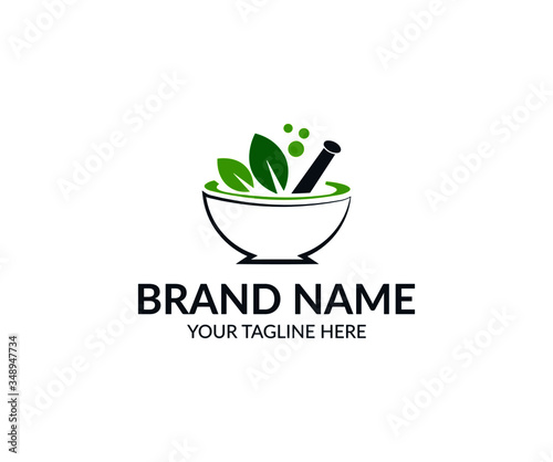 Herbal pharmacy logo vector template. Natural mortar and pestle logotype. medical medicine herbal illustration symbol icon vector design.