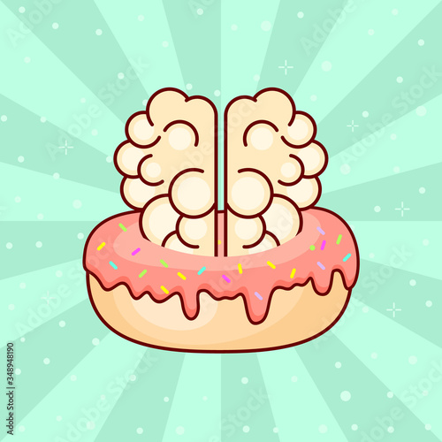 Happy relaxed brain in donat. Sweets is best food for thinking process illustration. Сharge the brain pattern