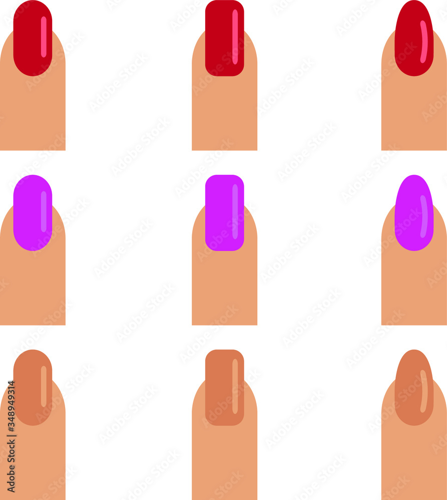 finger, nail, fingernail, manicure, nail polish vector icon set, various colors