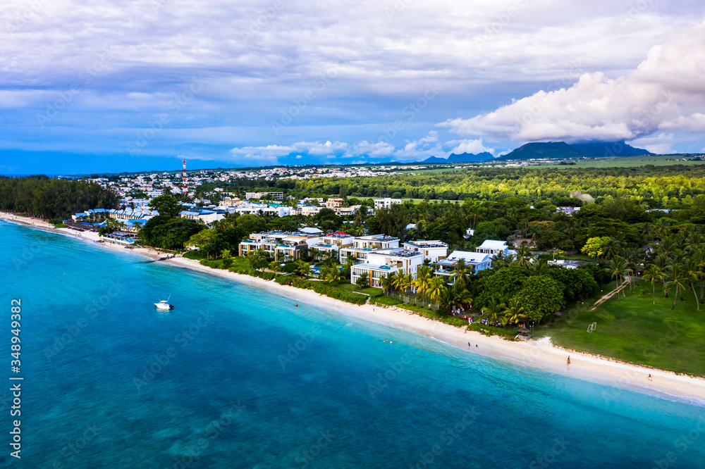 Aerial view The beach at Flic en Flac with luxury hotels and palm trees, Mauritius, Africa