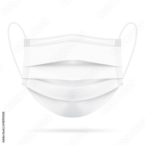 Medical white face mask isolated on background. Corona virus protection surgical mouth mask with shadow. Three layer, disease and pollution protective mask for personal health safety. Vector file.
