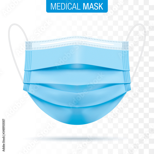 Medical blue face mask isolated on transparent background. Corona virus protection surgical mouth mask with shadow. Three layer, disease and pollution protective mask for personal safety. Vector file.