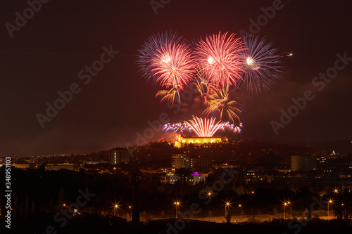Beautiful colorful fireworks over the city of Brno