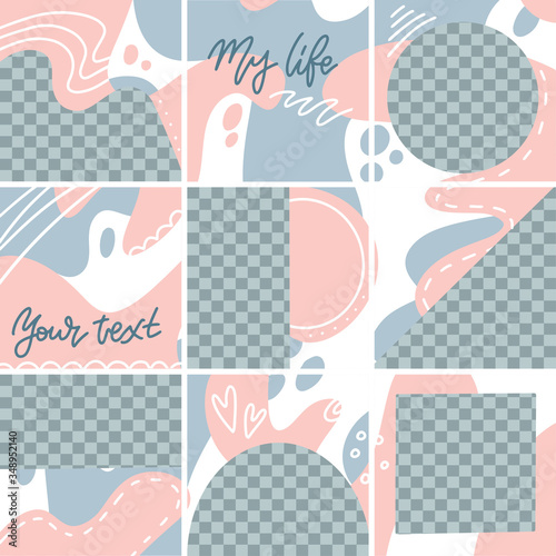 Creative cover design. Instagram brand ad templates set for posts. Social media abstract doodle trendy patterns, square background. Flat hand drawn vector illustration of 9 isolated puzzle collage.
