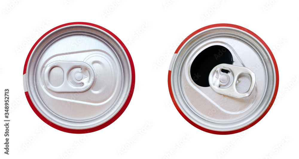 Two red aluminum beverage can top view isolated on white background, clipping path included Two red aluminum beverage can top view isolated on white background, clipping path included