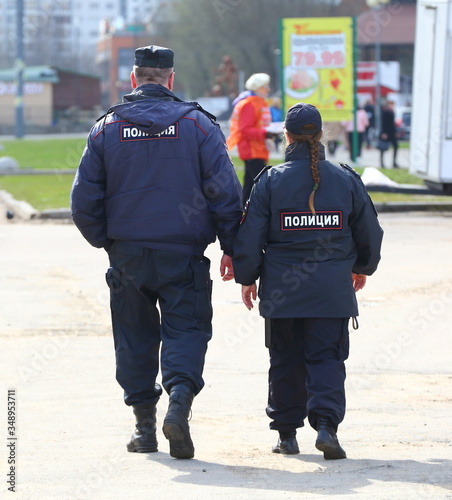 Police patrol,ulitsa Kollontay, Saint Petersburg, Russia, April 2018