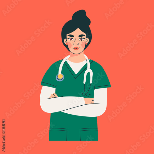 Confident white female Doctor standing arms crossed. Young Intern lady or Nurse with stethoscope. Health Care concept. Hand drawn colored trendy Vector illustration. Isolated on red background