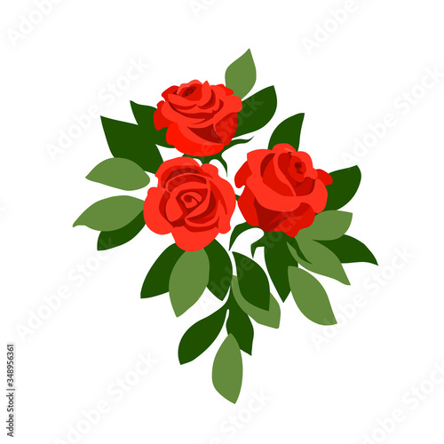 bouquet of red garden roses with green leaves, decoration for holiday, birthday, wedding cards, color vector illustration isolated on white background in cartoon, flat & hand drawn style © Николай Шитов